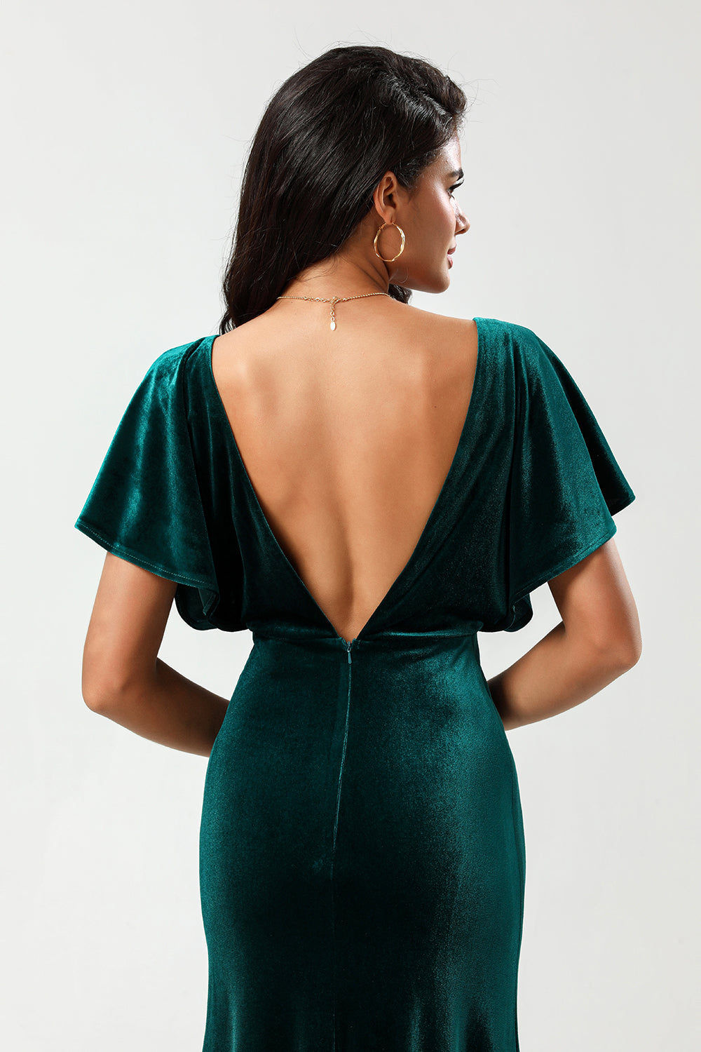 Confiantemente Carismático Uma Linha V-Neck Peacock Velvet Vestido Madrinha com Folhos
