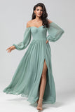 Fora do ombro mangas compridas vestido verde Bridemaid com fenda