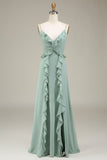 Eucalipto A-Line V-Neck Chiffon vestido de dama de honra com babados