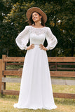 Marfim Bateau Chiffon Long Boho Vestido de Noiva com Renda