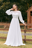 Marfim Bateau Chiffon Long Boho Vestido de Noiva com Renda