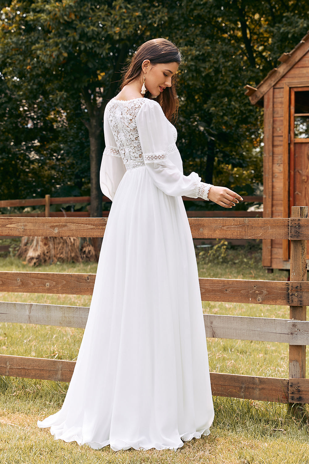 Marfim Bateau Chiffon Long Boho Vestido de Noiva com Renda