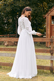 Marfim Bateau Chiffon Long Boho Vestido de Noiva com Renda