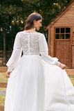 Marfim Bateau Chiffon Long Boho Vestido de Noiva com Renda