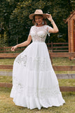 Marfim mangas curtas Boho Chiffon vestido de noiva com renda