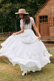 Marfim mangas curtas Boho Chiffon vestido de noiva com renda