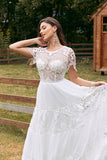 Marfim mangas curtas Boho Chiffon vestido de noiva com renda