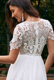 Marfim mangas curtas Boho Chiffon vestido de noiva com renda