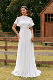 Vintage Marfim Chiffon Boho Vestido de Noiva com Renda