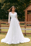 Marfim A-Line V-Neck Renda Varredura Trem Vestido de Noiva com Mangas