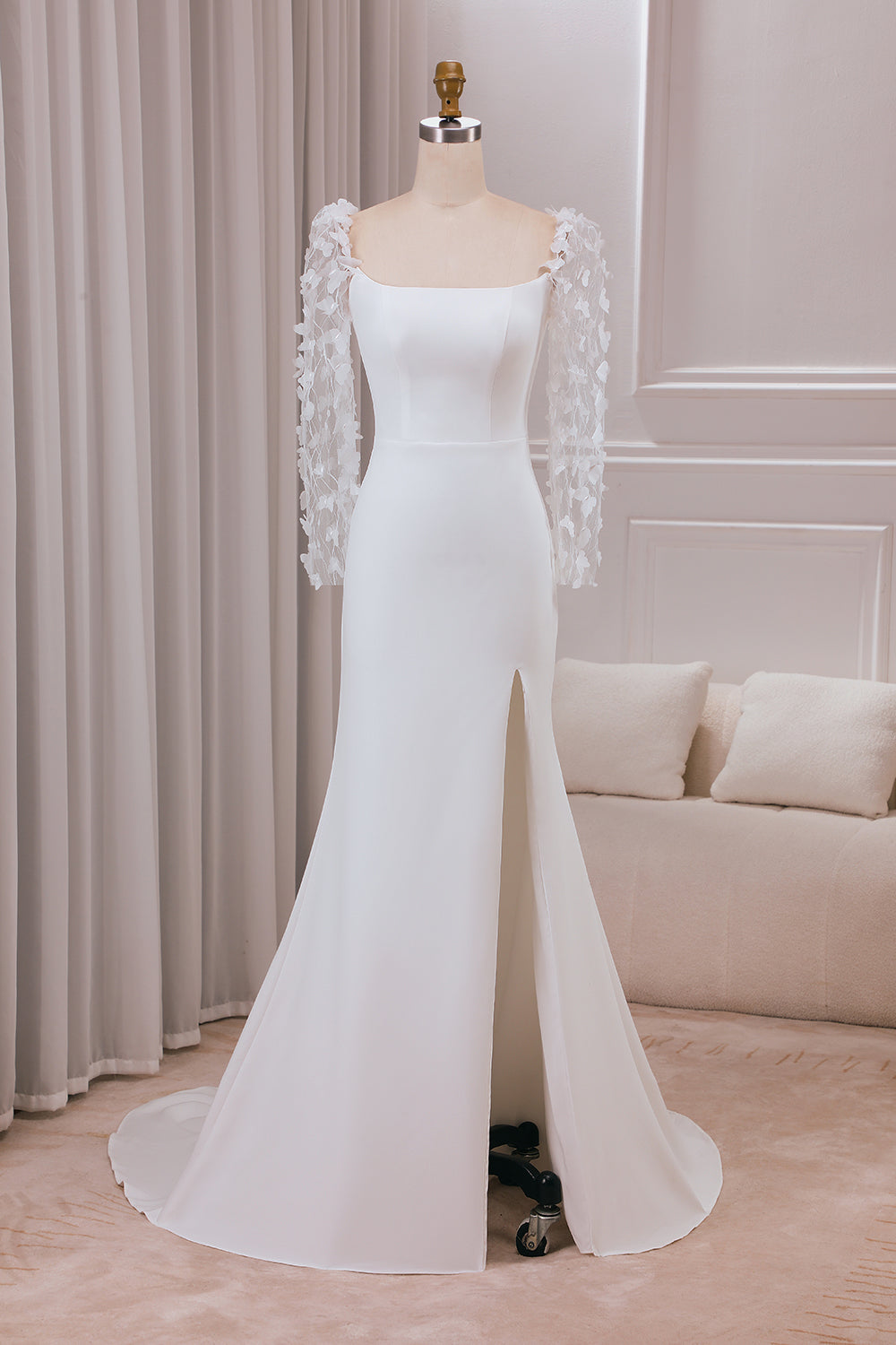 Trompete de Marfim Varredura Trem Mangas Longas Vestido de Noiva com Apliques 3D