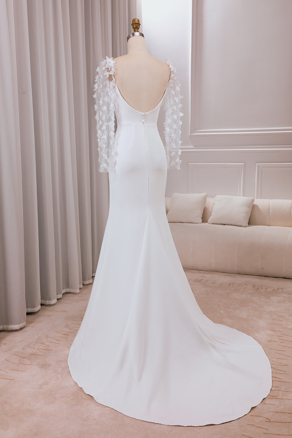 Trompete de Marfim Varredura Trem Mangas Longas Vestido de Noiva com Apliques 3D