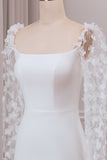 Trompete de Marfim Varredura Trem Mangas Longas Vestido de Noiva com Apliques 3D