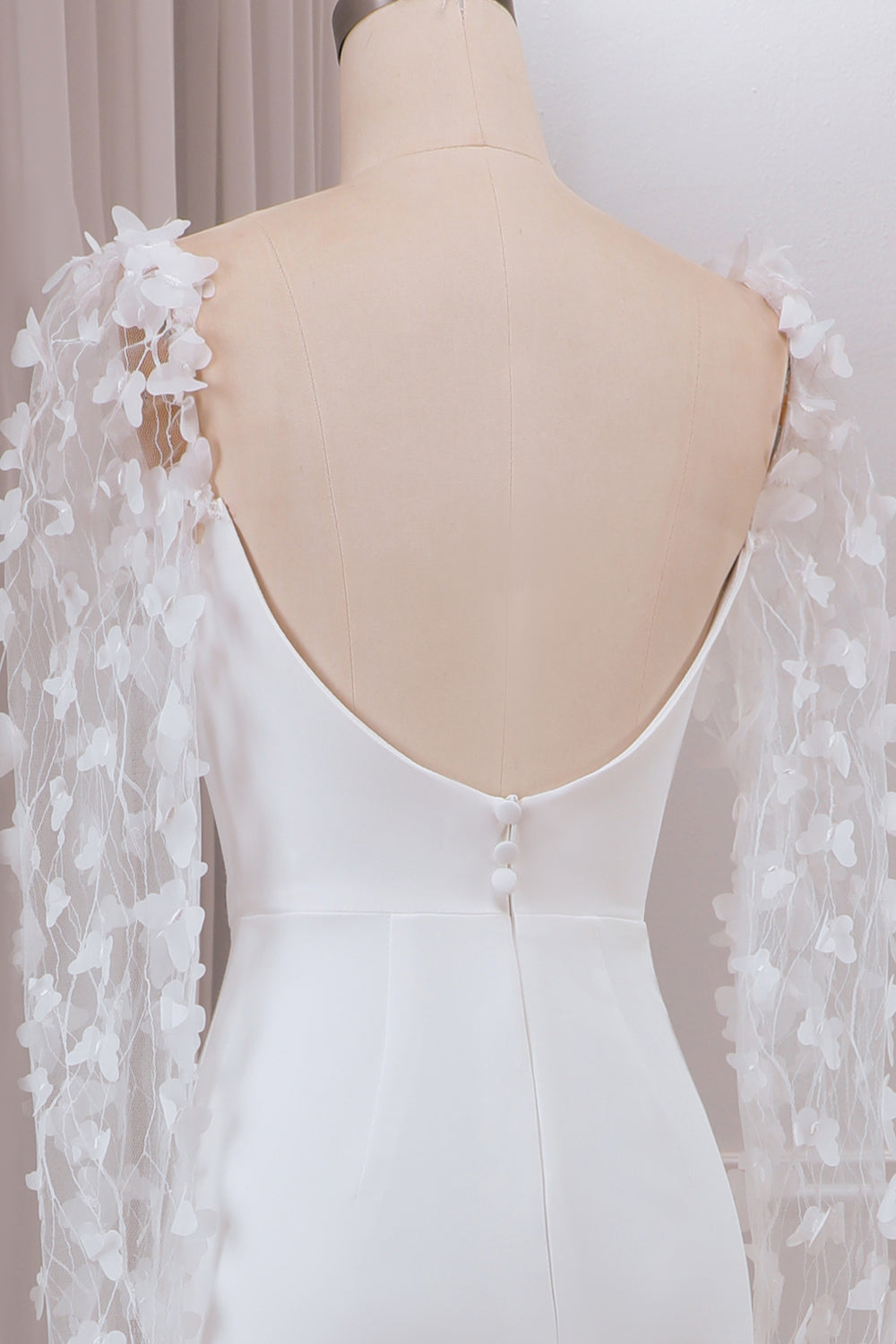 Trompete de Marfim Varredura Trem Mangas Longas Vestido de Noiva com Apliques 3D