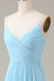 Sky Blue Espaghetti Correias V-neck A-line plissado Chiffon vestido de dama de honra
