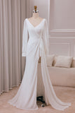Marfim V-neck mangas longas A-line Chiffon vestido de noiva