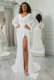 Marfim simples babado mangas compridas Boho vestido de noiva