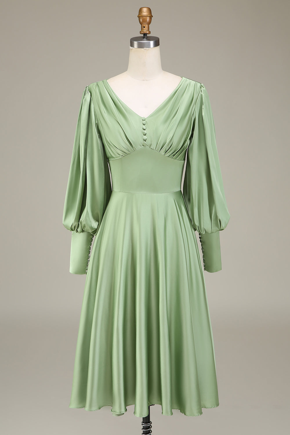 Matcha A-Line V-Neck cetim vestido de dama de honra com mangas compridas