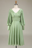 Matcha A-Line V-Neck cetim vestido de dama de honra com mangas compridas