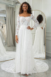 Marfim A-Line Vestido de Noiva de Renda com Mangas