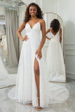 Marfim A-Line Sweep Train Vestido de Noiva de Renda com Fenda