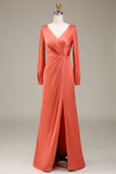 A-Line V-neck terracota cetim vestido de dama de honra com fenda