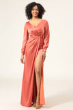 Terracota A-Line V-Neck cetim vestido de dama de honra com fenda