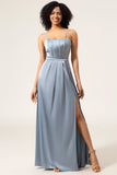 A-Line Espaghetti Correias Dusty Blue Satin Long Bridesmaid Dress