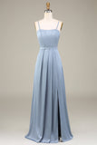 Dusty Blue A-Line Espaghetti Correias Cetim Long Vestido Madrinha