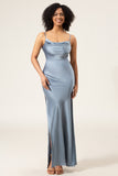 Dusty Blue Espaghetti Correias Bainha Cetim Long Vestido Madrinha