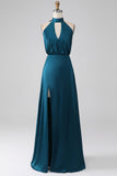 Pavão A-Line Halter Neck Vestido Longo Madrinha com Fenda