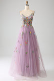 Mauve A-Line Esparguete Correias Tule Longo Vestido de Baile Com Bordado