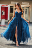 Navy A-Line V-Neck Long Beaded Tulle Prom vestidos com pregas