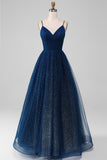 Navy Ball-Gown V-Neck Long Beaded Tulle Prom vestidos com pregas