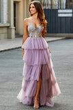 A-Line Tulle Long Corset Tiered Mauve Prom Dress Com Apliques