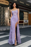 Elegante Sereia Esparguete Alças Lilás Longo Vestido de Baile com Fenda