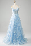 Sky Blue A-Line Esparguete Correias Laço Longo Corset Prom Dress