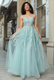 Lindo A Line Spaghetti Straps Mint Corset Prom Dress com Apliques