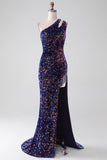 Sereia Negra Um Ombro Sequins Long Prom Dress com Fenda