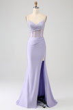 Glitter Lilás Corset Sereia Vestido Longo Baile de Formatura com Fenda
