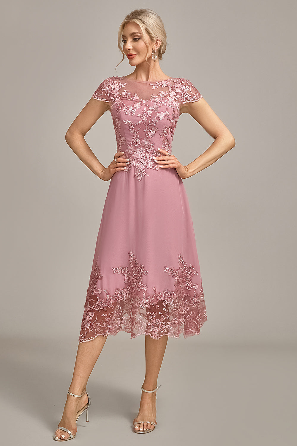 Dusty Rose A-Line Tea-Length Mãe do vestido de noiva com lantejoulas