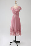 Dusty Rose A-Line Tea-Length Mãe do vestido de noiva com lantejoulas