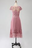 Dusty Rose A-Line Tea-Length Mãe do vestido de noiva com lantejoulas