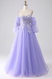 Lavanda A-Line Strapless Tulle Long Prom Vestido com mangas