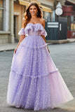 Off The Shoulder Lilás Corset A-Line Long Prom Dress