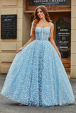 Esparguete Correias Sky Blue A-Line Corset Prom Dress com Florais