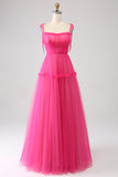 Fuchsia A-Line babado longo vestido de baile de tule