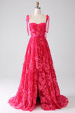 A-Line Esparguete Alças Fuchsia Vestido Longo de Baile com Fenda