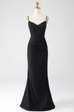 Sereia Preto Frisado Vestido de Baile com Folhos