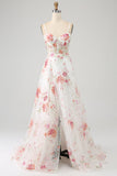 Flor de marfim bordado longo espartilho vestido de baile com fenda